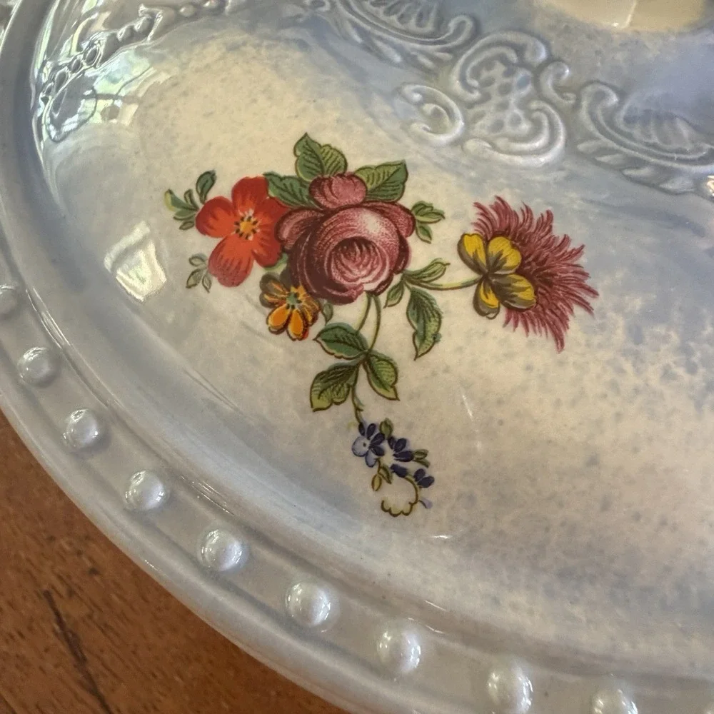 Arnel's Chamber Pot Roses Vintage Blue Painted Roses Floral Embossed Made In USA